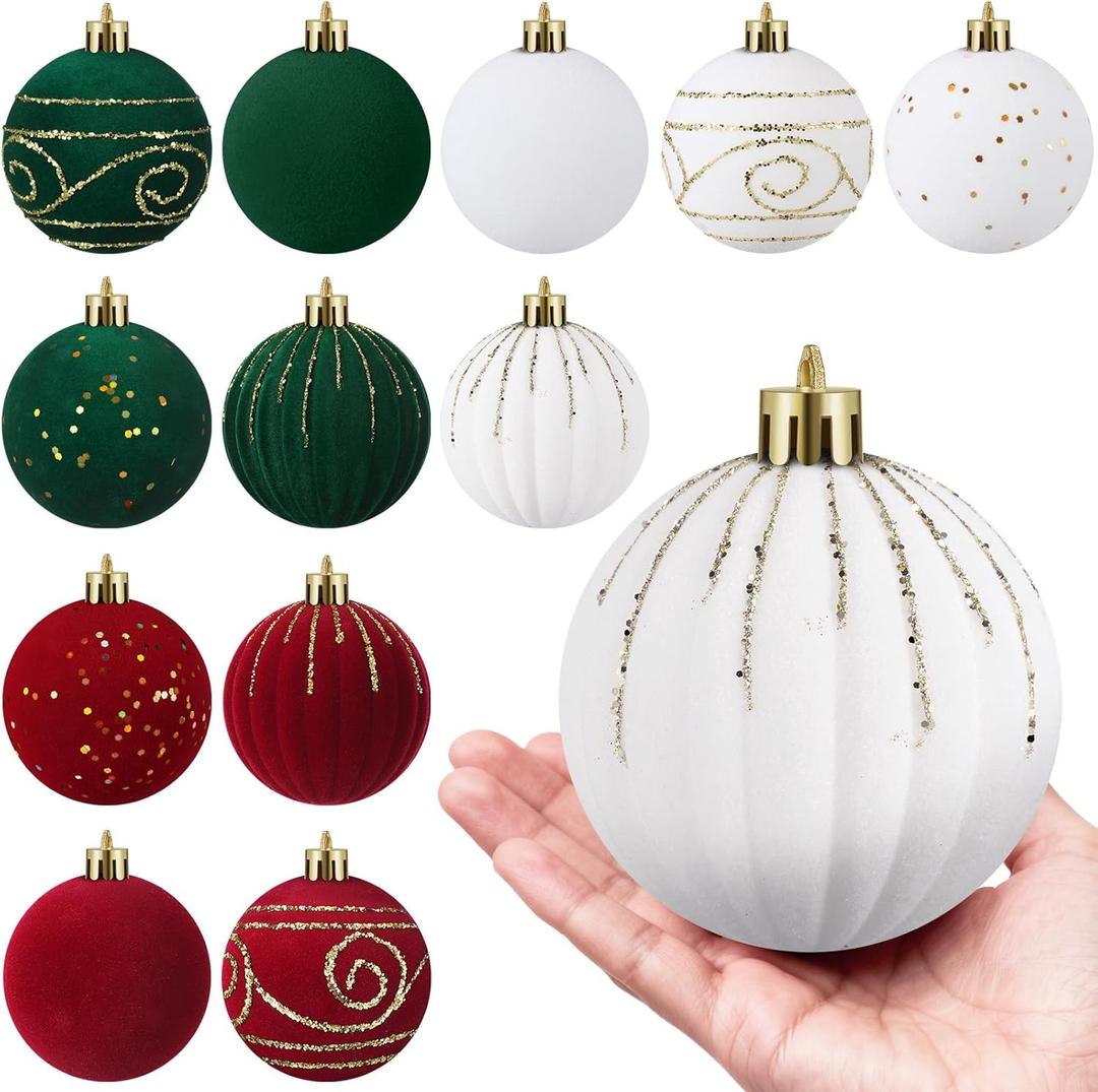 Suzile 12 Pcs Large Velvet Christmas Ball Ornaments, 4 Inch Burgundy & Green & White Flocked Christmas Tree Ornament Shatterproof Hanging Xmas Ball Bulbs for 2025 Xmas Tree Home Decorations (Mixed)