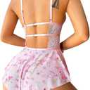 Lilosy Sexy Bows Floral Lace Mesh Babydoll Lingerie Romper (Pink, Small)