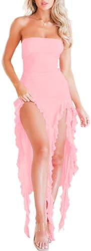 Women Summer Elegant Strapless Tube Midi Bodycon Dresses Irregular Ruffle Tassel Party Dress, Small, Pink Women Summer Elegant Strapless Tube Midi Bodycon Dresses Irregular Ruffle Tassel Party Dress, Small, Pink