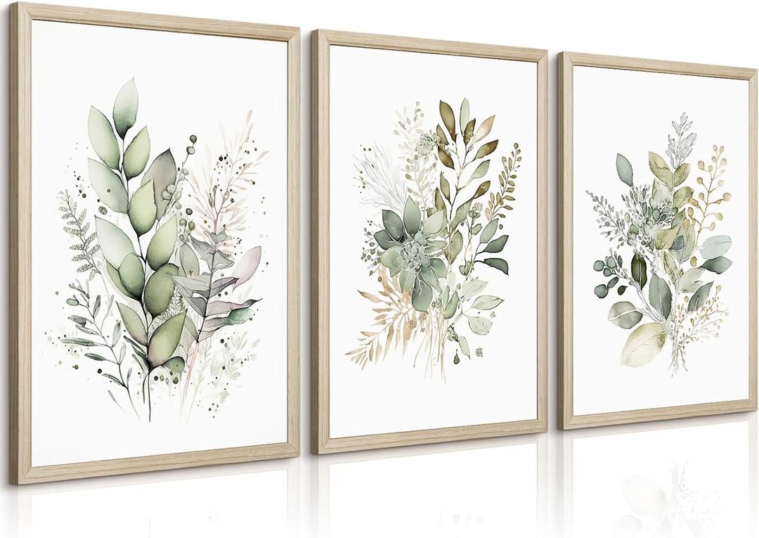 Watercolor Botanical Wall Art Set of 3 Boho Floral Canvas Wall Decor Prints Sage Green Wildflower Wall Art Modern Flower Pictures Botanical Painting for Bedroom Bathroom 12x16 Inch Wood Framed