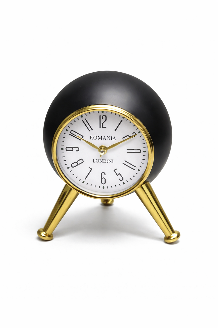 Modern Retro Table Alarm Clock – Black & Gold Tripod Design , 7" x 6" x 9"