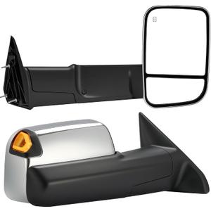 Tow Mirrors Compatible with 2009-2018 Dodge Ram 1500, 2010-2018 2500 3500, Flip Up Extended Trailer Towing Side Mirrors w/Smoked Turn Signal, Power Heated, Chrome