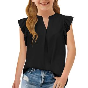 Haloumoning Girls Summer T Shirts Kids Fashion V Neck Ruffle Short Sleeve Tops Blouse 5-14 Years (Black)