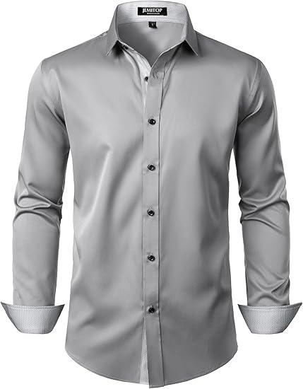 JEMITOP Men's Stretch Multi-Use Long Sleeve Dress Shirts Party Prom Wedding Shirts with Slight Sheen, L