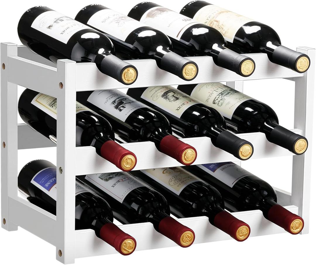 VASMIA Bamboo Wine Rack, Sturdy and Durable Wine Storage Cabinet Shelf, Wine Racks Countertop for Pantry,Kitchen,3-Tier 12 Bottles Wine Rack White