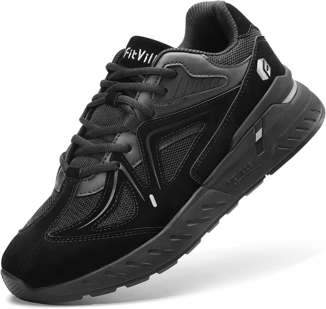 FitVille Extra Wide Walking Shoes for Men Wide Width Sneakers for Flat Feet Heel Pain Relief - Rebound Core (8.5 XX-Wide, All Black)