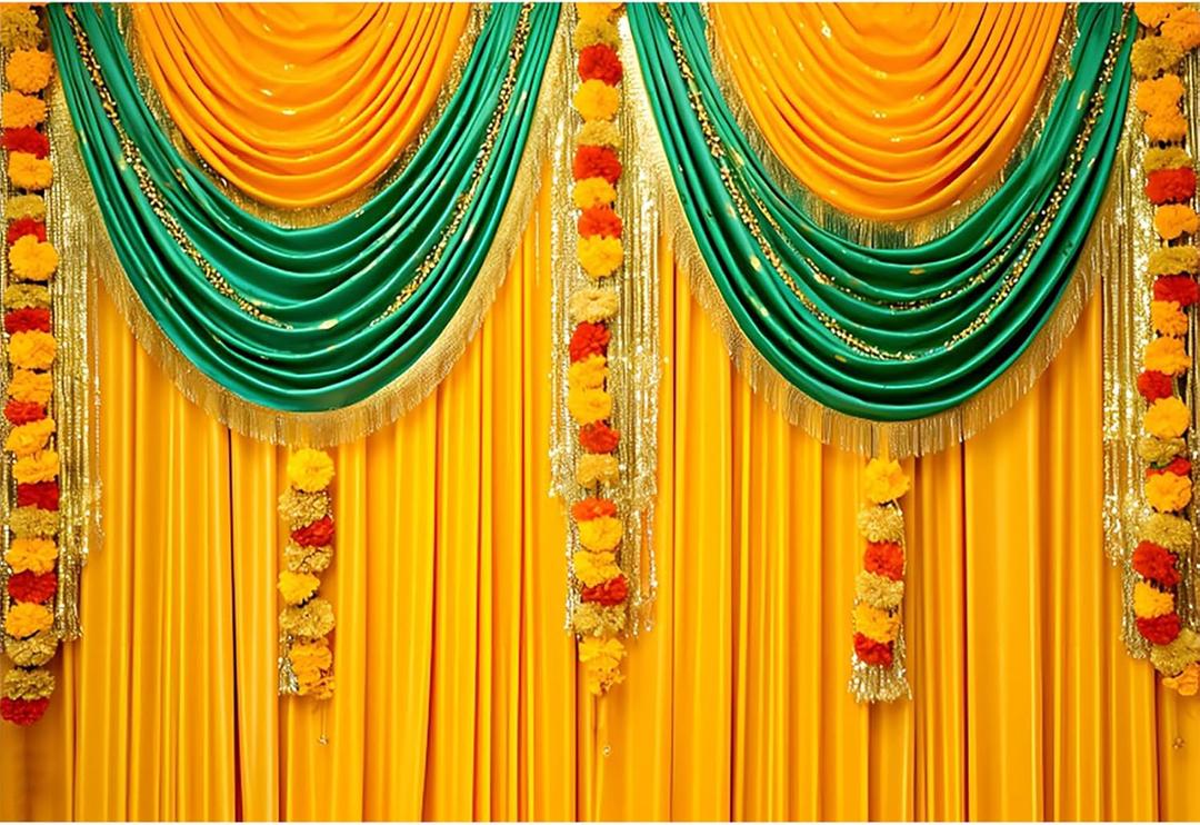 CSFOTO 7x5ft Indian Ceremony Backdrop for Photography Puja Ganpati Backdrop Indian Wedding Bridal Shower Party Marigold Wreath Photo Prop Happy Holi Diwali Pooja Party Decor, Clear