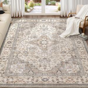Washable Area Rugs for Living Room - 9x12 Neutral Vintage Distressed Floral Farmhouse Boho Large Soft Floor Rug Indoor Non Slip Carpet for Bedroom Dining Room Office - Brown/Multi