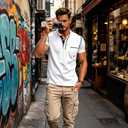 Men's Henley Shirts Short/Long Sleeve Casual Cotton T-Shirt Classic Button Basic Stylish Tees Tops (White, XXL)