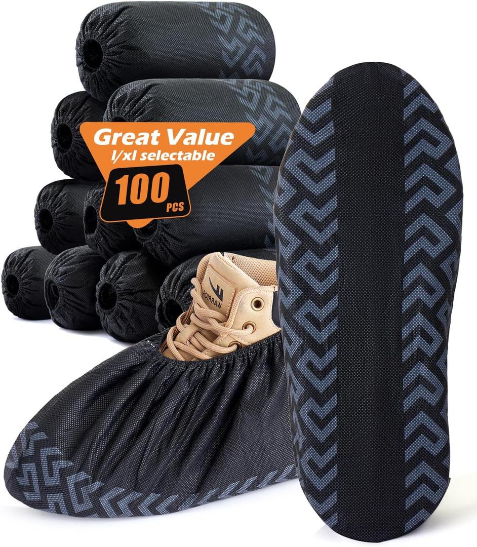 100 Pcs Shoe Covers Disposable Non-Slip, Shoe Covers for Indoors Reusable, Slip-resistant, Durable, Breathable, Non-toxic, Booties for Shoes Covers, Stretchable Fits Up To13 US Men, Black-XL