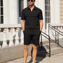 Uni Clau Men's Summer Outfits 2 Piece Quick Dry Sets Short Sleeve Shirt and Shorts Vacation Quarter Zip Polo Shirt for Men (Black, XXL)