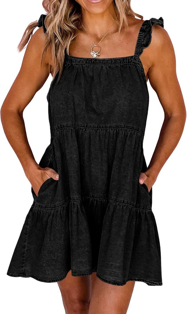 Newffr Womens Summer Denim Dress Square Neck Ruffle Trim Sleeveless Babydoll Dress Flowy Jean Dress with Pockets (Medium, Black)