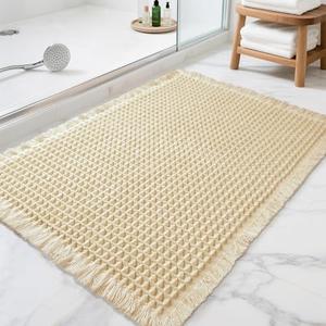 Lunofox Waffle Bathroom Rugs, Super Absorbent Boho Bath Mats, Non-Slip Shower Mats for Bathroom Floor and Tub, Ultra Soft Waffle Weave Runner Mat, Quick Dry, Beige, 17x24 Inch