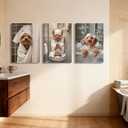 Framed 3Pcs Funny Bathroom Wall Art Dog Playing Phone on Toilet and Taking Bath in Bathroom Pictures Posters Cute Pet Canvas Prints Wall Decor for Dog Lovers Bathroom and Laundry Room Decoration