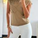 Women's 3D Floral Knit Tops Cap Sleeve Mock Neck Elegant T Shirts Summer Fall Tops Streetwear (L)