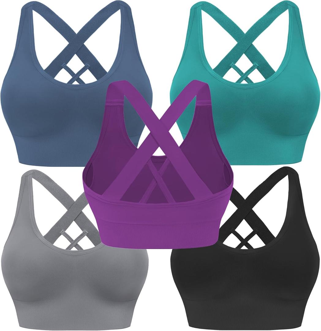 Evercute Sports Bra for Women Padded Medium Support Criss Cross Strappy Bras Seamless High Impact Yoga Exercise Athletic Bras (Black Gray Peacock-green Navy-blue Grape-purple 5 Pack)