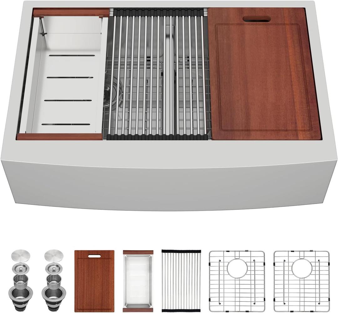 Sarlai 36 Farmhouse Kitchen Sink Double Bowl - 36 x 22 Inch Farm Sink Stainless Steel Apron Front 16 Gauge Ledge Workstation Sinks Low Divide 50/50 Double Basin Under Counter Kitchen Farmer Sinks