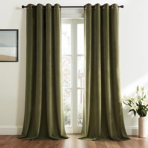Topfinel Olive Green Velvet Blackout Curtains 84 Inches Long,Soundproof Room Darkening Dark Green Thermal Insulated Boho Elegant Moody Grommet Curtains for Living Room Bedroom 2 Panels