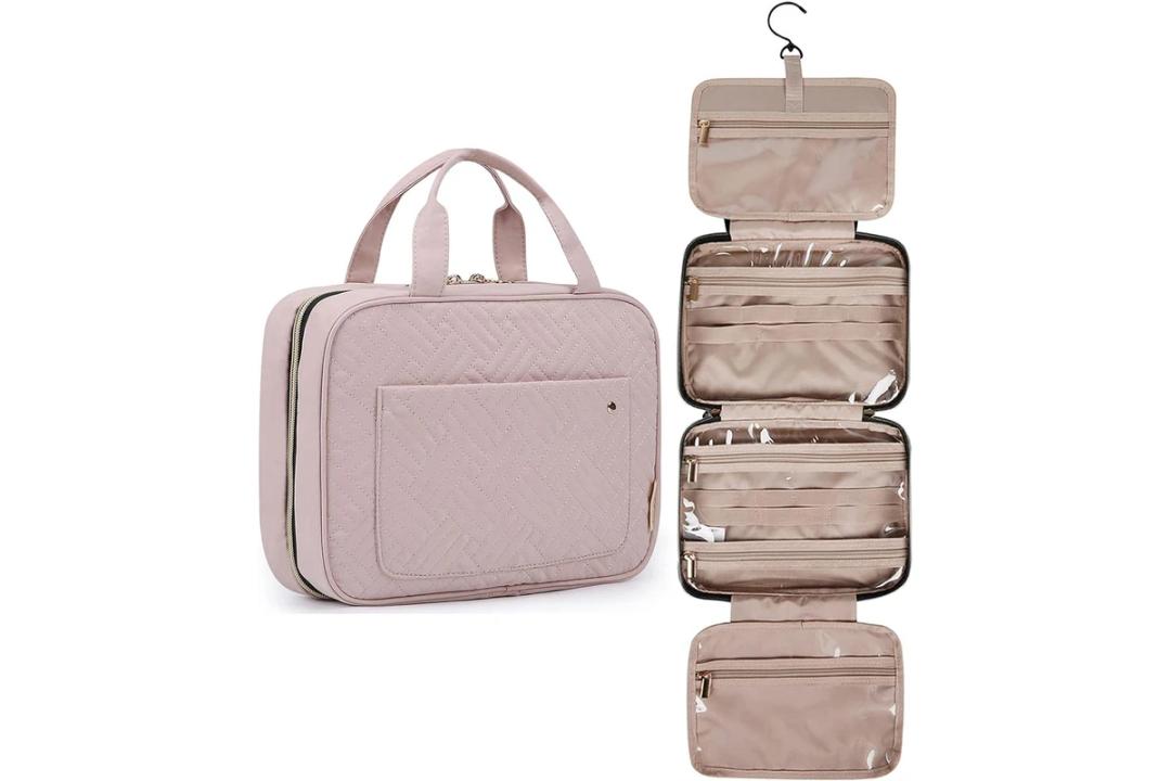 BAGSMART Toiletry Bag Travel Bag with Hanging Hook, Water-resistant Makeup Cosmetic Bag Travel Organizer for Accessories, Shampoo, Full-size Container, Toiletries (Pink, Medium)