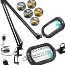 12X Magnifying Glass with Light and stand, Rectangle Real Glass Lens, Large 2*16 Inch Swivel Arm LED Lighted Clamp Desk Lamp, 5 Color Modes Dimmable, Magnifier for Reading Painting Craft Close Work (Black)