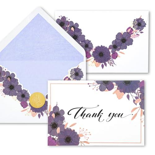 Pack of 3 AZAZA Floral Thank You Cards with Envelopes 24 PK, Wedding Purple Cards Unique Floral Design, 4x6 Wildflower Thank You Notes for Baby Shower, Bridal Shower, Sympathy (Purple Violet Flowers)