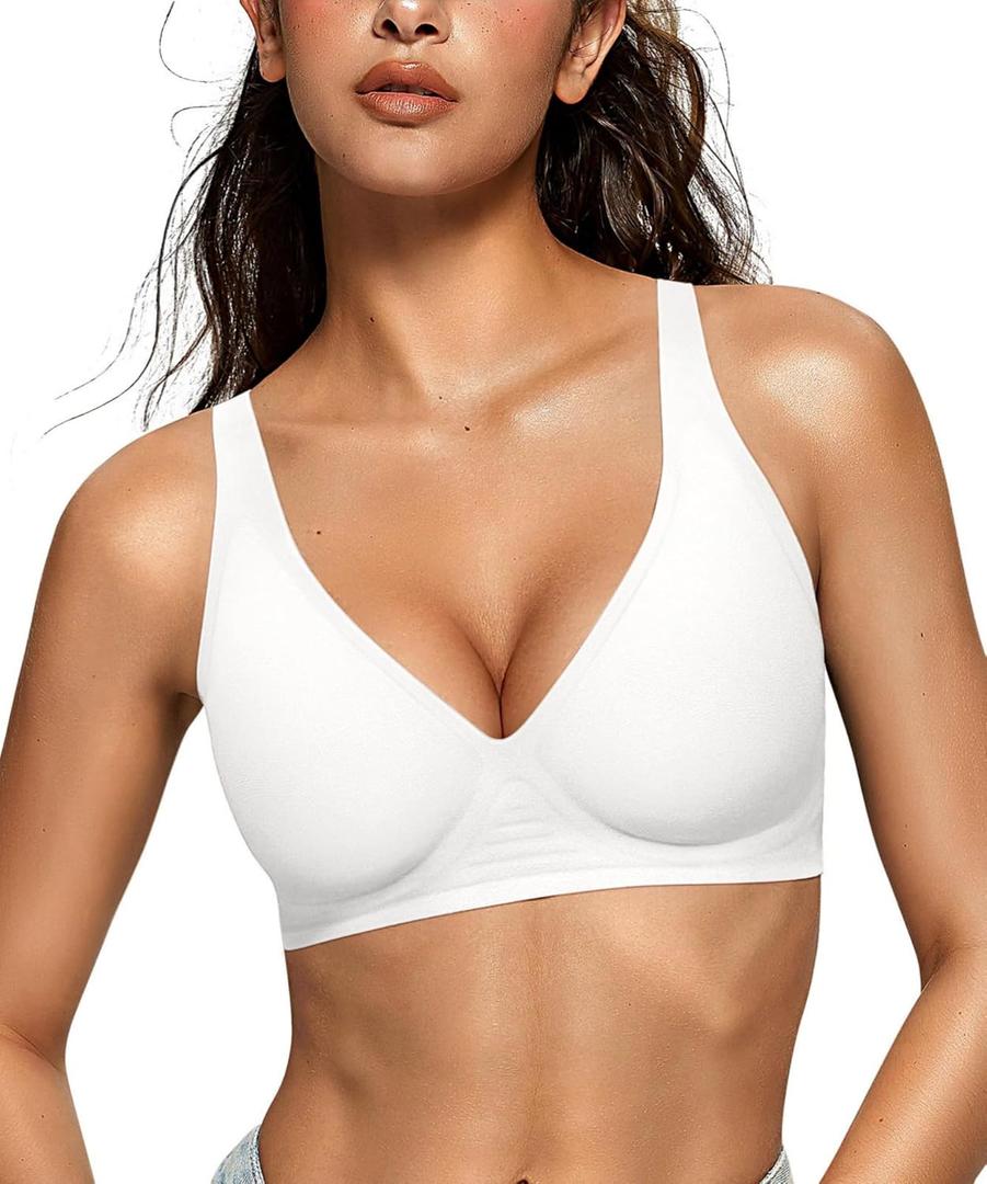 OEAK Womens Deep V Bras Wireless Comfortable Bra Supportive No Underwire Bras Tshirt Push Up Bralettes Plunge Seamless Bra (Large, White)