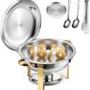 Chafing Dishes for Buffet with Lid & Lid Holder, 6QT Round Stainless Steel Chafing Dish Set, Heating and Cooling Buffet for Home Parties, Christmas Gatherings, Catering Events (1)