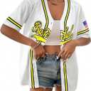 Baseball Shirt Jersey Women Baseball Player T-Shirt Game Day Fan Graphic Tees Button up Short Sleeve (White, S)