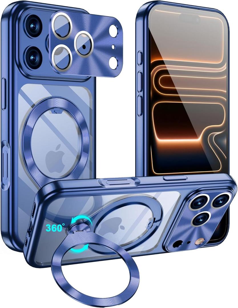 iPhone 17 Pro Max with 360 Spin CD Metal Ring Stand, Titanium Electroplated Magnetic Cover [Fit for MagSafe] Shockproof Military Drop Protection for Women Men Blue