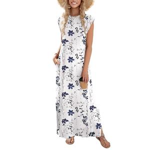 Zeagoo Women's Casual Maxi Beach Dress, Floral Crew Neck Summer Dress Long Split with Pockets Cruise Cotton Dresses for Women Business 2025 Blue Flower, L