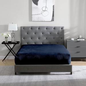 Cathay Home Full Plush Fur Fitted Sheet - Ultra Soft & Thick Plush Fur - All Season Cozy Warmth - 12" Deep Pocket Fitted Sheet Only (Full, Navy)