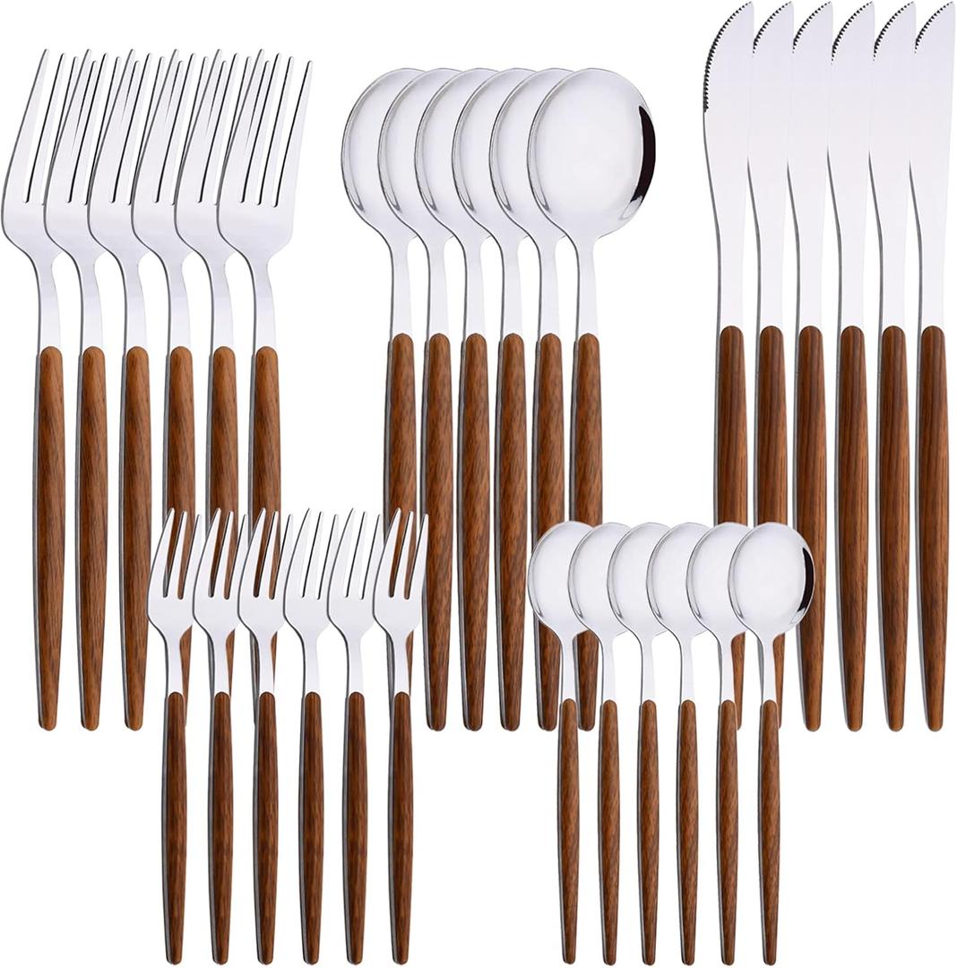 30-Piece Stainless Steel Silverware Set, Silver Mirror Polished Flatware Cutlery Set for 6, Tableware Eating Utensils Set for Home Restaurant Wedding, Dishwasher Safe (Wooden Effect Handle)