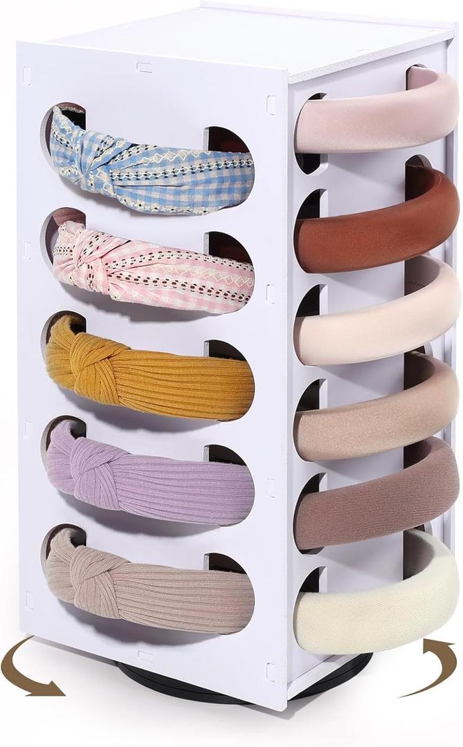 AOFLLU Headband Holder Organizer for Girls, Rotating Headband Storage for Women,White Hairband Display Stand, Hair Hoop Rack Holder for Vanity,Dresser,or Bathroom Decor
