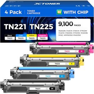 TN221 TN225 Toner Cartridge 4-Pack Replacement for Brother TN-221 TN-225 to Use with MFC-9130CW HL-3170CDW MFC-9340CDW HL-3140CW 3150CW MFC-9330CDW 9140CDN DCP-9020CDN Printer Black Cyan Yellow Magent