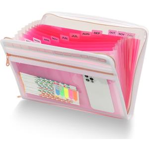 H4D 13 Pocket Expanding File Folder Organizer with Front Clear Pounch, Accordion File Organizer with Zipper Clourse, Fit for Letter Size Papers, Pink
