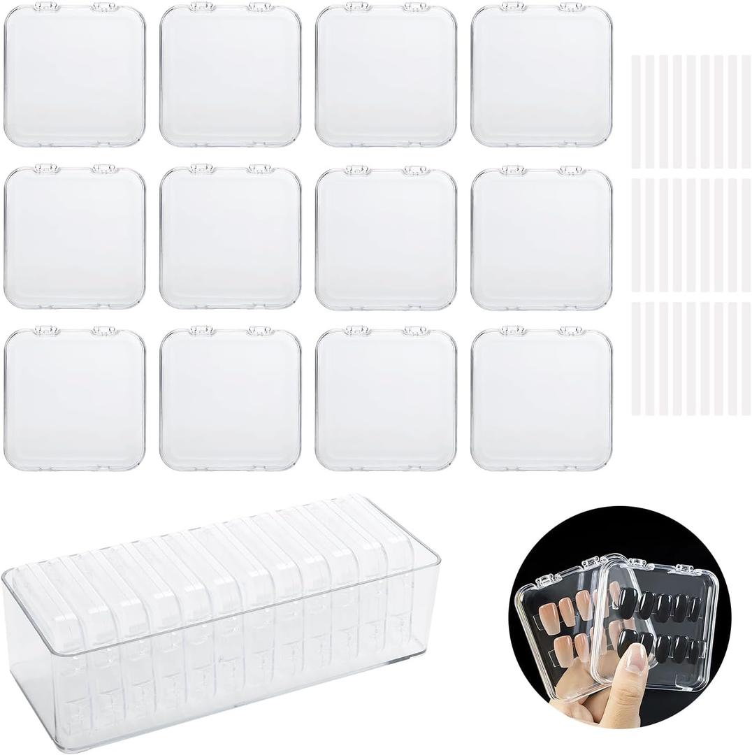 12 Pcs 2.75" Press On Nail Storage Box Container False Nail Organizer Acrylic Display Case Packaging Box with Adhesive Double Sided Tape for Nail Art (Not Included Press On Nail)