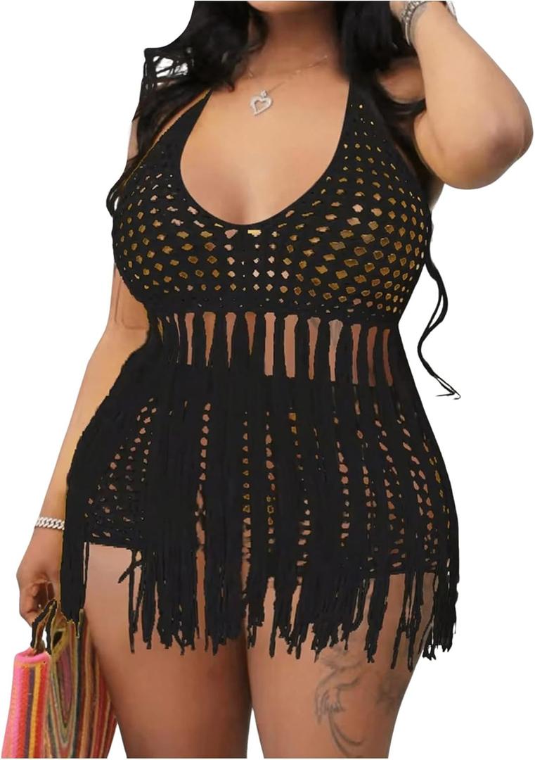 BEAUDRM Women's Plus Size 2 Piece Crochet Swim Cover Up Set Fringe Hem Halter Beach Top and Shorts Coverups Beachwear (XX-Large Plus, Black)