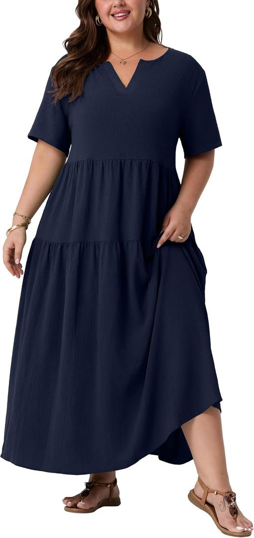 OLRIK Plus Size Maxi Dresses for Curvy Women - Flowy Boho Summer Dress with Pockets, V-Neck Short Sleeve for Beach Vacation (Blue, XXL)