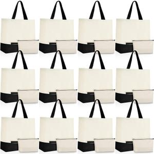 Sanwuta 24 Pcs Canvas Tote Bags Bulk with Zipper Cosmetic Bags 18.5" Cotton Canvas Bag with Handles Reusable Shopping Bags (Beige and Black)
