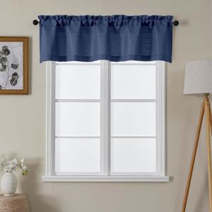 Lecloud Blue Valances for Windows 1 Piece, Faux Linen Textured Short Kitchen Curtain for Small Windows with Dual Rod Pocket, Window Valance Curtain for Living Room Bedroom Cafe, 60" W x 14" L