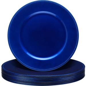 Gerrii 12 Pcs Metallic Bead Charger Plates 13 Inch Plastic Round Plates Bulk Wedding Beaded Chargers for Table Party Event Decoration(Ocean Blue,Beaded)