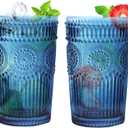 6pcs Vintage Drinking Glasses Set, 12 oz Blue Highball Glasses, Embossed Ribbed Glassware Cups for Cocktail, Water, Juice, Coffee, Whiskey