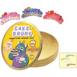 10 Inch Cake Drums,Gold Cake Boards 10 Inch Round(4-Pack),1/2 Inch Thick Cake Boards with Banner Cake Topper,Sturdy,Greaseproof for Birthday Wedding Multi-Tiered Cake by GoldenBakeryFamily