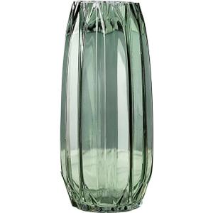 Green Glass Vase Modern Ribbed Glass Vase for Flowers, Candles, and Decorative Accents - Tall/Short Glass Vase for Centerpieces Home Table Decor(Green H12.0inch) (H-11.8inch)