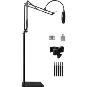 Mic Stand Floor Boom Arm for Blue Yeti, Nano, Snowball, HyperX QuadCast, SM7B MV7, Fifine K688 and More Mic, Floor Microphone Stand with 3/8" to 5/8" 1/4" Screw, Pop Filter Mic Clip Cable Ties