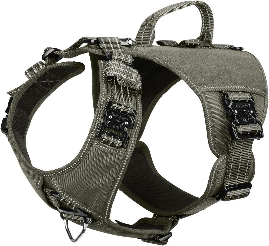 ICEFANG GN8 Tactical Dog Harness with 4X Metal Buckles for Large Sized Dogs,Reflective in Training Walking K9 Dog Vest,No-Pull Front Leash Clip,Adjustable Pet Harness (Green, Large (Pack of 1))