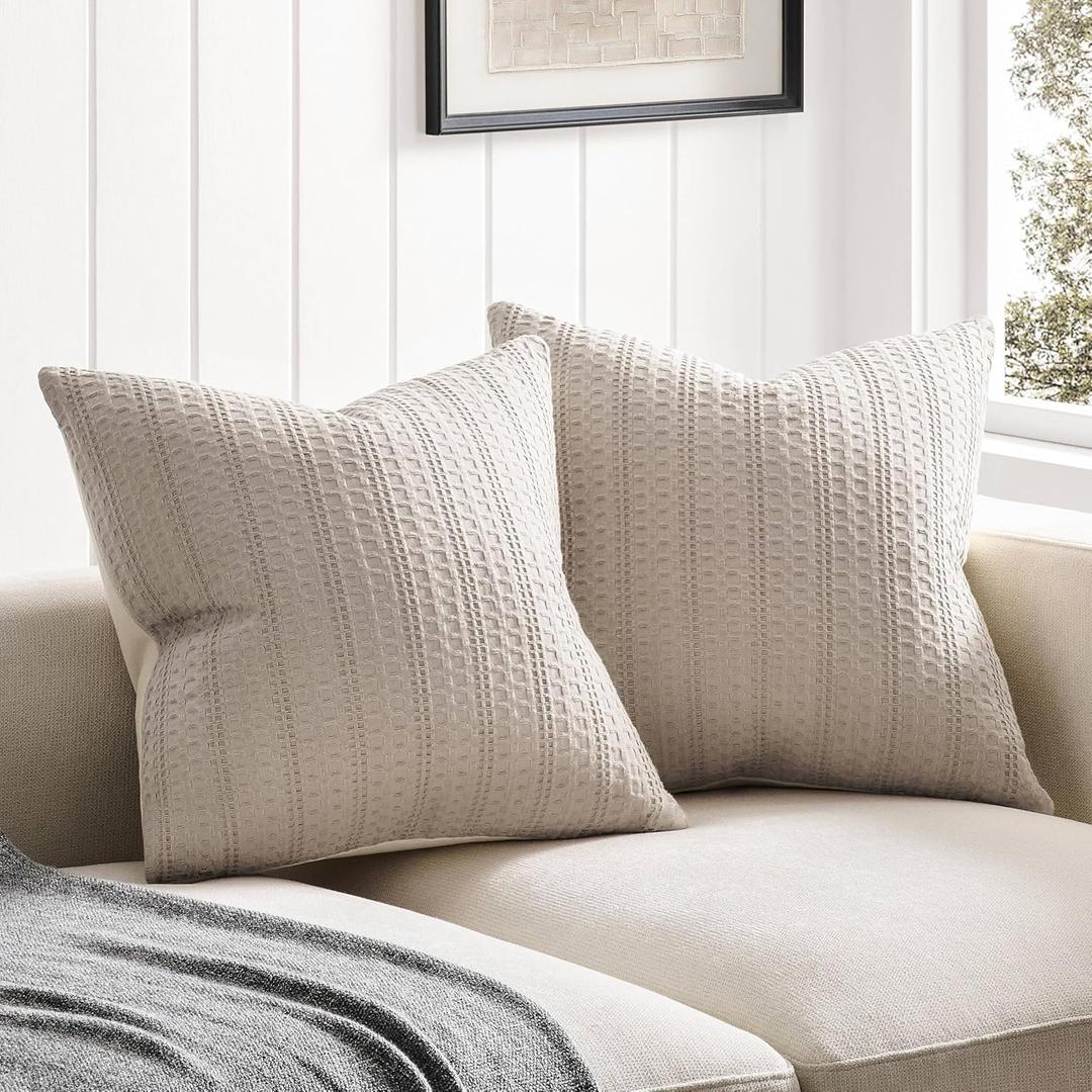 ZeeMart 100% Cotton Waffle Textured Throw Pillow Covers Set of 2, 24x24 Inch Taupe, Soft Farmhouse Decorative Couch Pillow Cases Light Brown Cushion Covers for Sofa Bed Living Room Home Decor