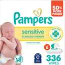 Pampers Sensitive Baby Wipes, Water Based, Clinically Proven, Hypoallergenic, and Unscented for Babies, 336 Wipes Total (6 Flip-Top Packs) [Packaging May Vary]
