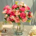 Artificial Peonies Silk Flowers in Glass Vase Faux Flowers Bouquets Modern Penoy Arrangement 4 Pack for Home Decoration Table Centerpiece (Rose Red)