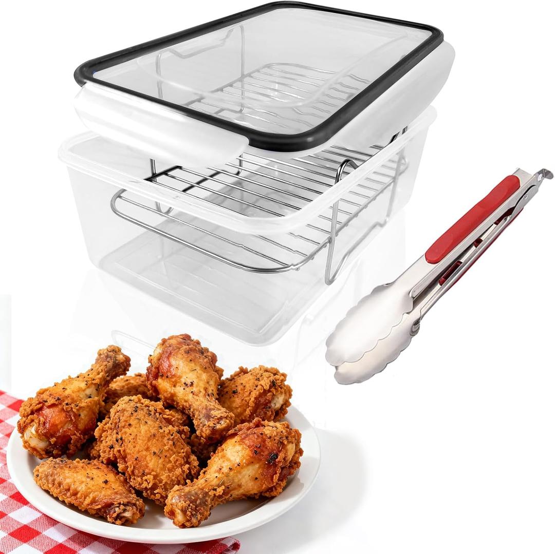 Batter Bowl, Breader Bowl with Tongs and Removable Stainless Steel Tray - No Mess Breading and Storage Container for Chicken, Fish, Pork, Salad, Kitchen Meal Prep